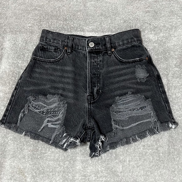 PacSun Pants - Pacsun Black Denim 11" High Rise Button Fly Factory Distress Shortie Shorts 24W
